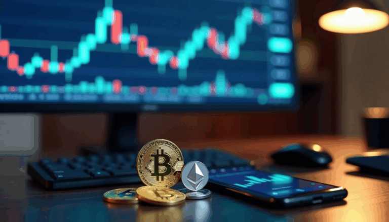 Bitcoin and Ethereum coins on a desk with a smartphone and a blurred cryptocurrency trading chart on a monitor in the background.